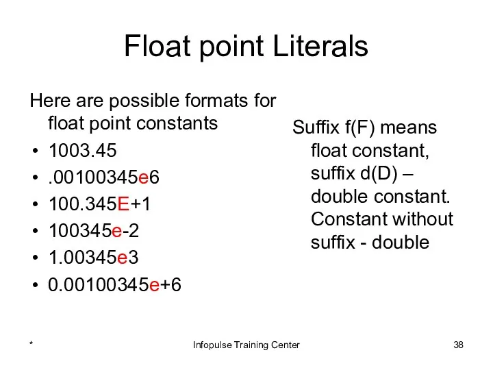 Float point Literals Here are possible formats for float point