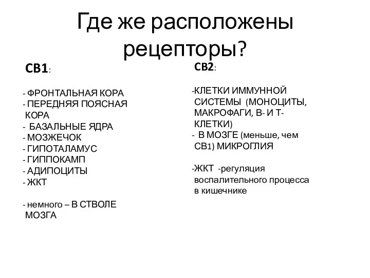 Где же расположены рецепторы? CB1: ФРОНТАЛЬНАЯ КОРА ПЕРЕДНЯЯ ПОЯСНАЯ КОРА