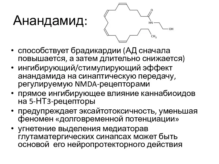 Анандамид: способствует брадикардии (АД сначала повышается, а затем длительно снижается)