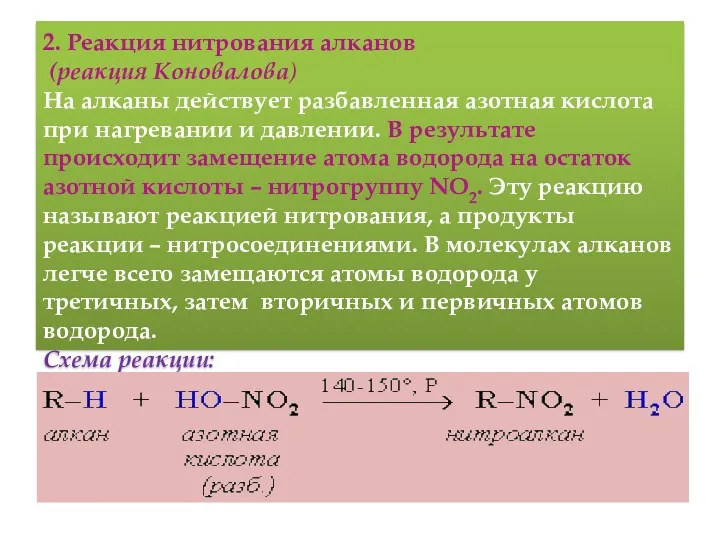 2. Реакция нитрования алканов (реакция Коновалова) На алканы действует pазбавленная