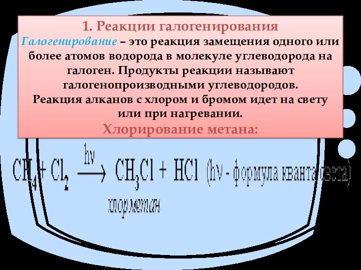 1. Реакции галогенирования Галогенирование – это реакция замещения одного или