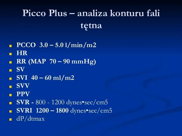 Picco Plus – analiza konturu fali tętna PCCO 3.0 –