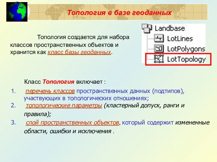 Топология в базе геоданных Топология создается для набора классов пространственных