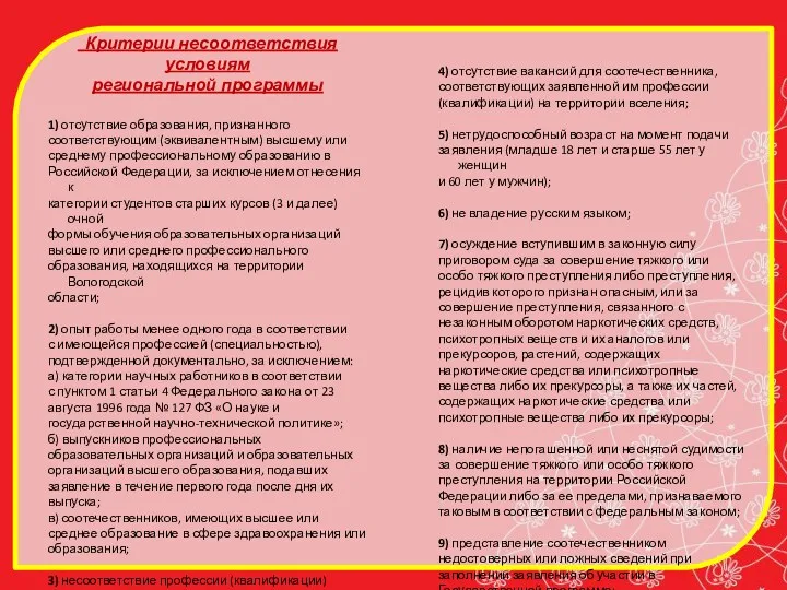 Критерии несоответствия условиям региональной программы 1) отсутствие образования, признанного соответствующим