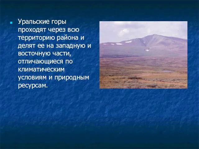 Уральские горы проходят через всю территорию района и делят ее на западную и
