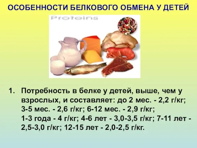 ОСОБЕННОСТИ БЕЛКОВОГО ОБМЕНА У ДЕТЕЙ Потребность в белке у детей,