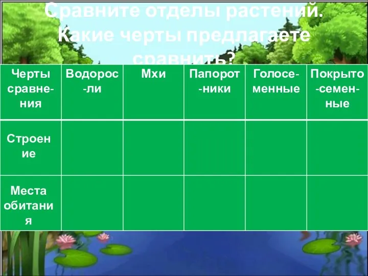 Сравните отделы растений. Какие черты предлагаете сравнить? Строение Места обитания