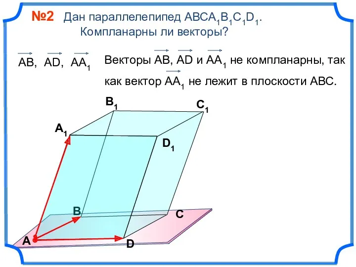 №2 Дан параллелепипед АВСA1B1C1D1. Компланарны ли векторы? В А В1 С1 D1 D С А1