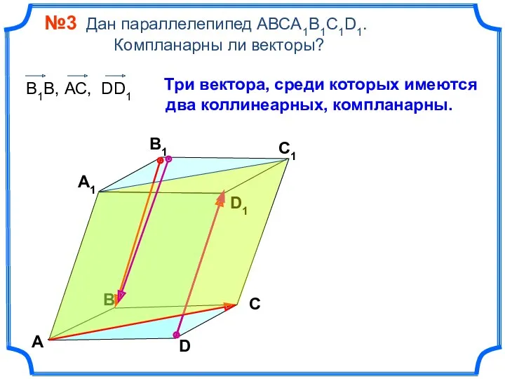 №3 Дан параллелепипед АВСA1B1C1D1. Компланарны ли векторы? В А В1 С1 D1 D