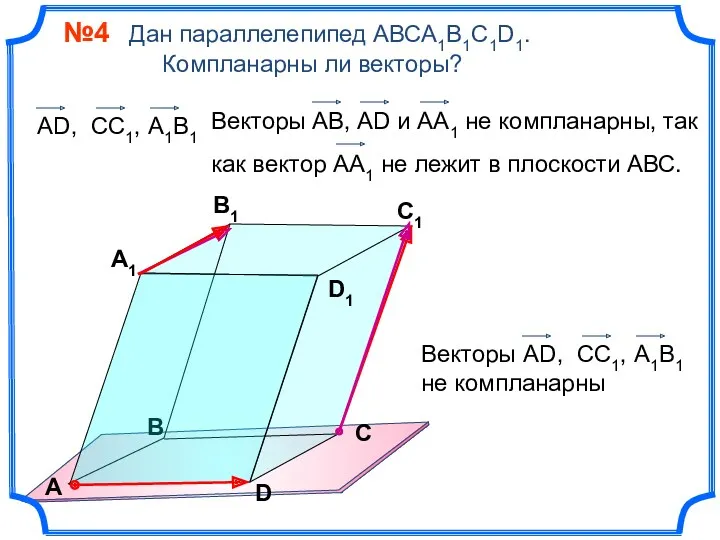 №4 Дан параллелепипед АВСA1B1C1D1. Компланарны ли векторы? В А В1 С1 D1 D С А1