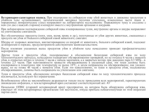 Ветеринарно-санитарная оценка. При подозрении на сибирскую язву убой животных и