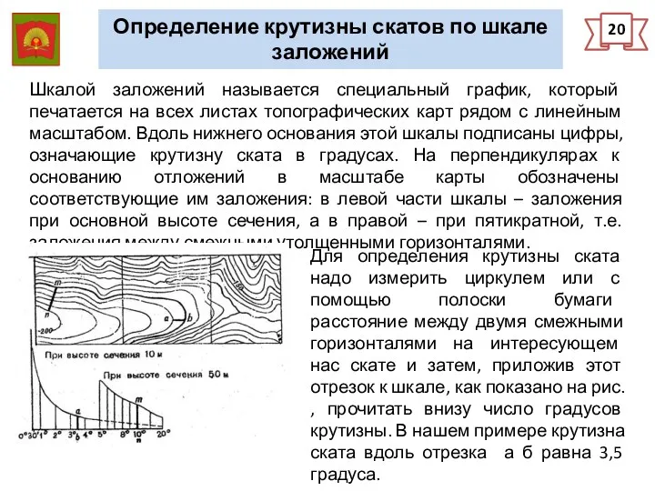 20 Определение крутизны скатов по шкале заложений Шкалой заложений называется