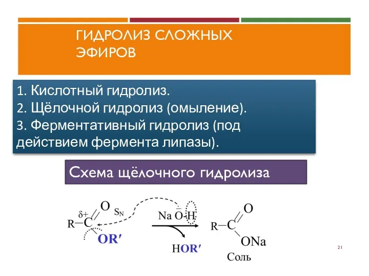 ГИДРОЛИЗ СЛОЖНЫХ ЭФИРОВ 1. Кислотный гидролиз. 2. Щёлочной гидролиз (омыление).