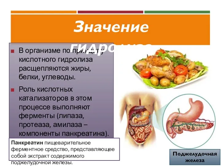 В организме по принципу кислотного гидролиза расщепляются жиры, белки, углеводы.