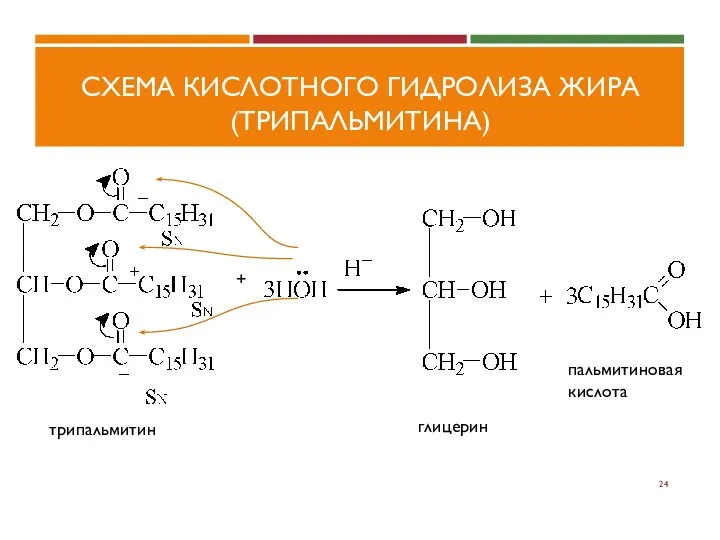 СХЕМА КИСЛОТНОГО ГИДРОЛИЗА ЖИРА (ТРИПАЛЬМИТИНА) + трипальмитин глицерин пальмитиновая кислота