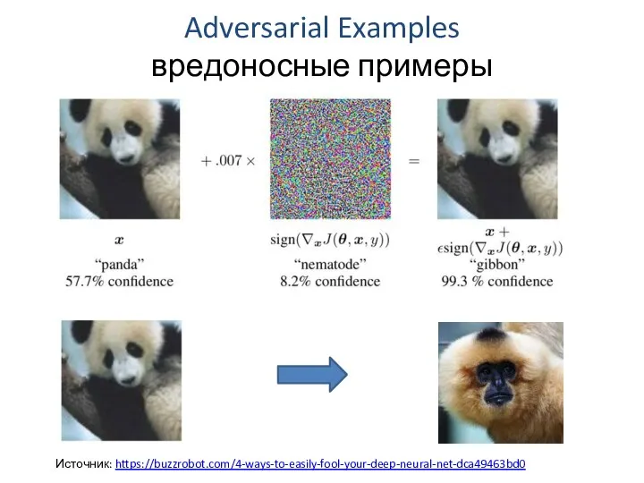 Adversarial Examples вредоносные примеры Источник: https://buzzrobot.com/4-ways-to-easily-fool-your-deep-neural-net-dca49463bd0