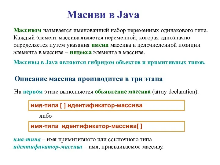 Масиви в Java Массивом называется именованный набор переменных одинакового типа.