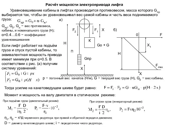 Расчёт мощности электропривода лифта Уравновешивание кабины в лифтах производится противовесом,