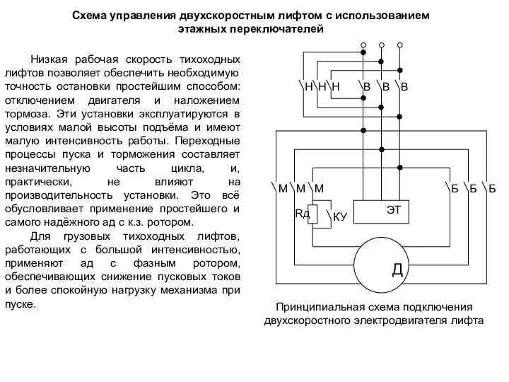 Схема управления двухскоростным лифтом с использованием этажных переключателей Низкая рабочая