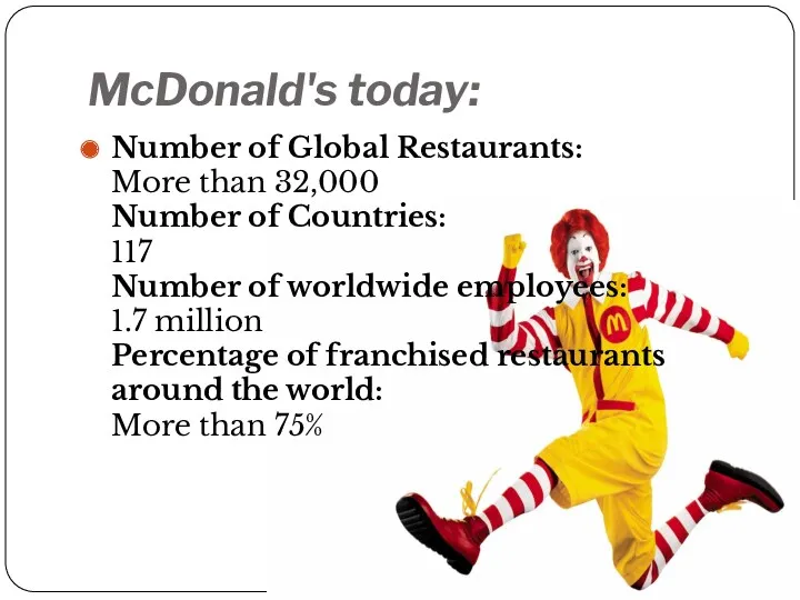 McDonald's today: Number of Global Restaurants: More than 32,000 Number of Countries: 117