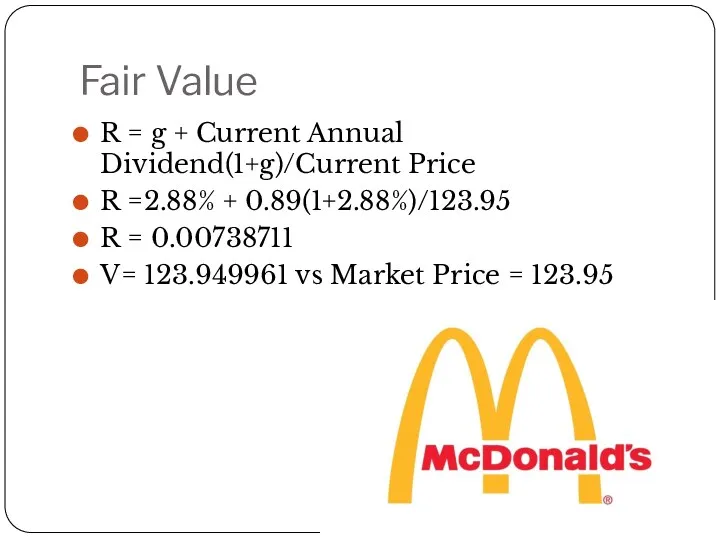 Fair Value R = g + Current Annual Dividend(1+g)/Current Price R =2.88% +