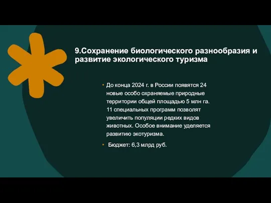 9.Сохранение биологического разнообразия и развитие экологического туризма До конца 2024