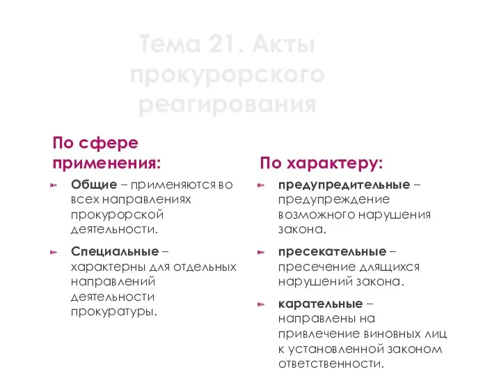 Тема 21. Акты прокурорского реагирования По сфере применения: Общие –