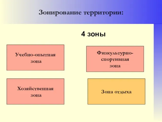 Зонирование территории: 4 зоны Учебно-опытная зона Физкультурно- спортивная зона Хозяйственная зона Зона отдыха