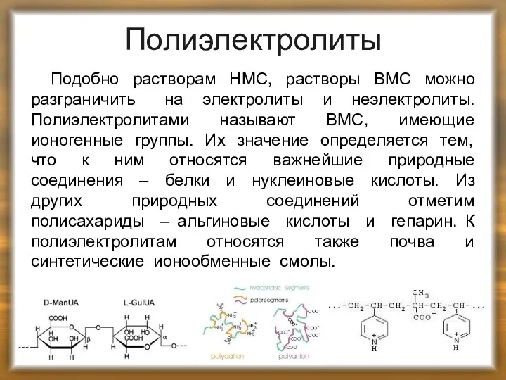 Полиэлектролиты Подобно растворам НМС, растворы ВМС можно разграничить на электролиты