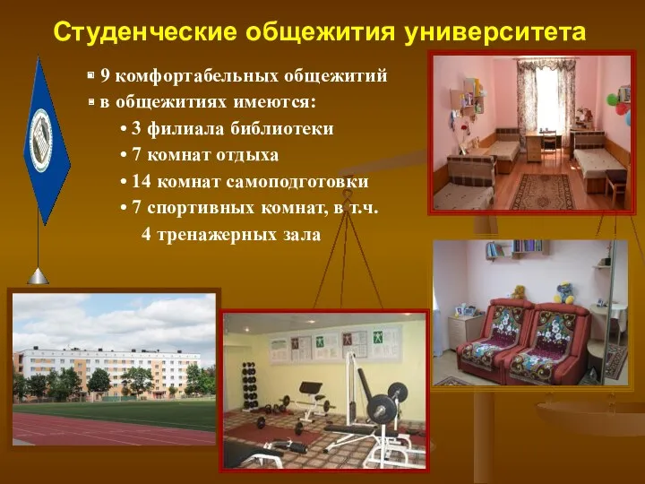 Студенческие общежития университета 9 комфортабельных общежитий в общежитиях имеются: 3 филиала библиотеки 7