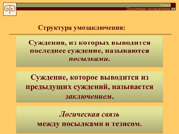 Суждение, которое выводится из предыдущих суждений, называется заключением. Структура умозаключения: Логика Дедуктивные умозаключения