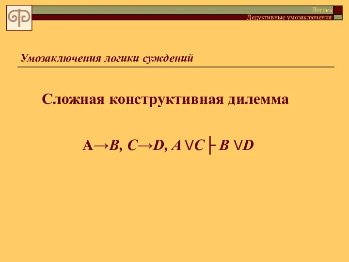 Умозаключения логики суждений Сложная конструктивная дилемма Логика Дедуктивные умозаключения А→В, С→D, A VC├ B VD