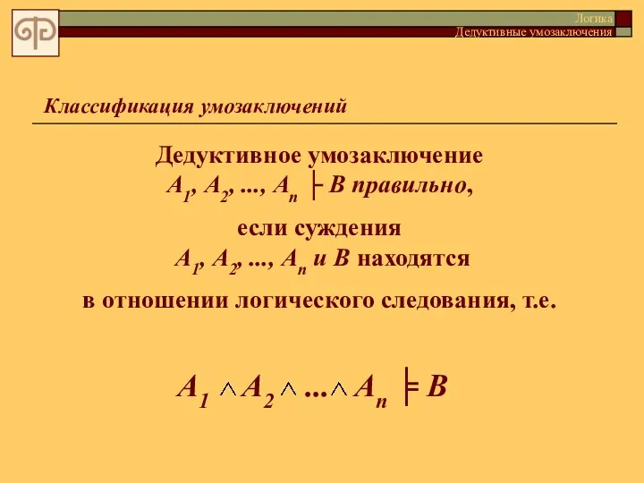 Классификация умозаключений Дедуктивное умозаключение А1, А2, ..., Аn ├ B