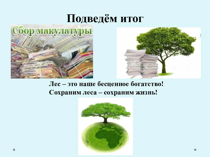 Подведём итог Лес – это наше бесценное богатство! Сохраним леса – сохраним жизнь!