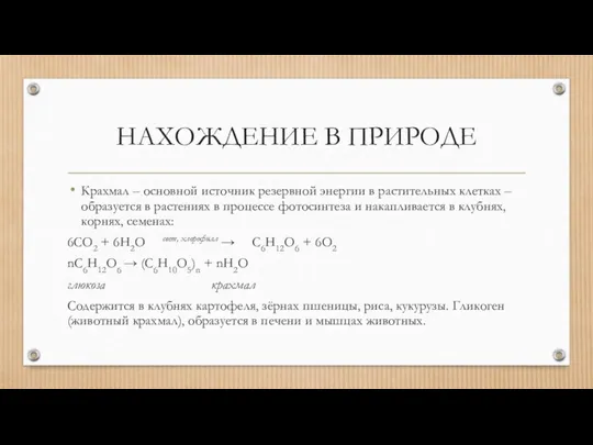 НАХОЖДЕНИЕ В ПРИРОДЕ Крахмал – основной источник резервной энергии в