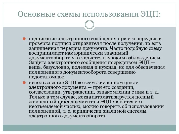 Основные схемы использования ЭЦП: подписание электронного сообщения при его передаче