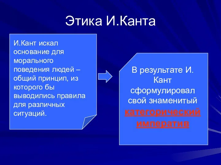 Этика И.Канта И.Кант искал основание для морального поведения людей –