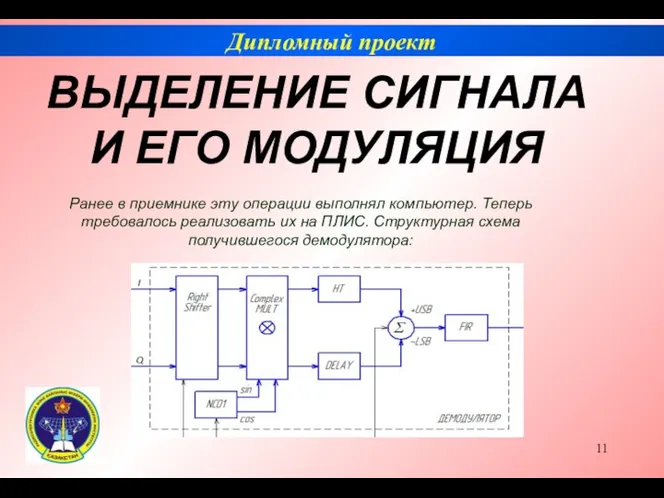 Дипломный проект ВЫДЕЛЕНИЕ СИГНАЛА И ЕГО МОДУЛЯЦИЯ Ранее в приемнике