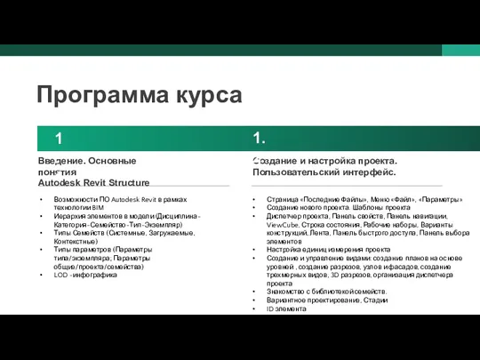 Программа курса Введение. Основные понятия Autodesk Revit Structure Создание и настройка проекта. Пользовательский