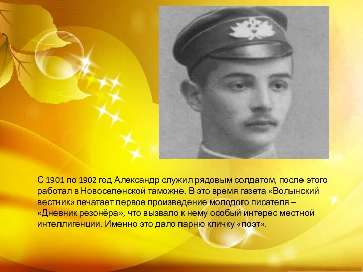 С 1901 по 1902 год Александр служил рядовым солдатом, после