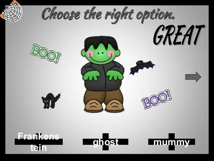 Choose the right option. ghost Frankenstein mummy GREAT