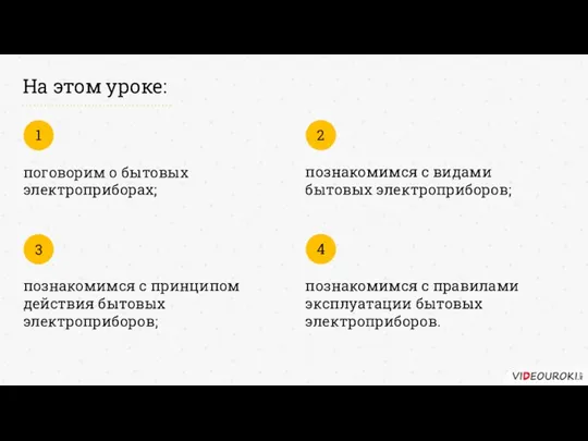 На этом уроке: поговорим о бытовых электроприборах; 1 познакомимся с видами бытовых электроприборов;