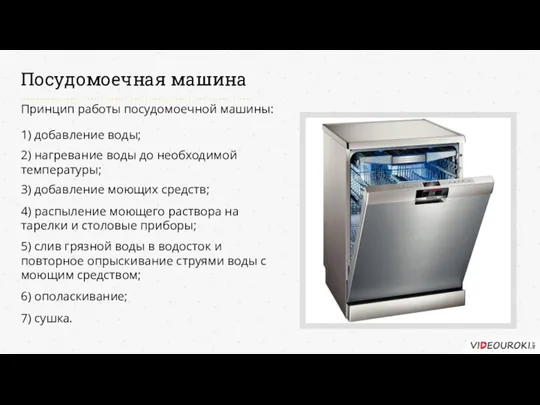 Посудомоечная машина Принцип работы посудомоечной машины: 1) добавление воды; 2) нагревание воды до