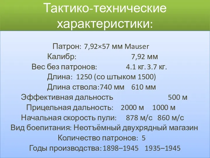 Тактико-технические характеристики: Патрон: 7,92×57 мм Mauser Калибр: 7,92 мм Вес