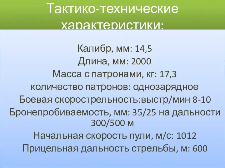 Тактико-технические характеристики: Калибр, мм: 14,5 Длина, мм: 2000 Масса с