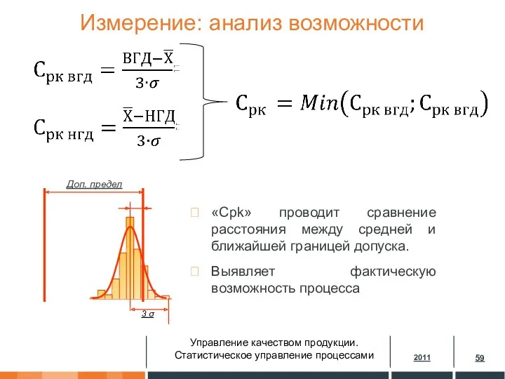 Измерение: анализ возможности Доп. предел 3 σ «Cpk» проводит сравнение