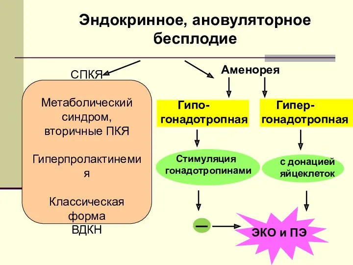 Эндокринное бесплодие Эндокринное, ановуляторное бесплодие Гипо- гонадотропная Аменорея Гипер- гонадотропная