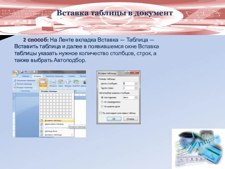 Вставка таблицы в документ 2 способ: На Ленте вкладка Вставка