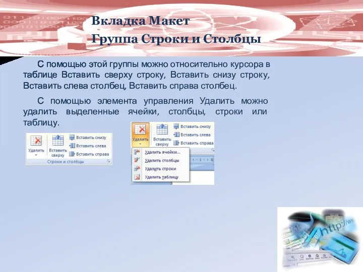 Вкладка Макет Группа Строки и Столбцы С помощью этой группы