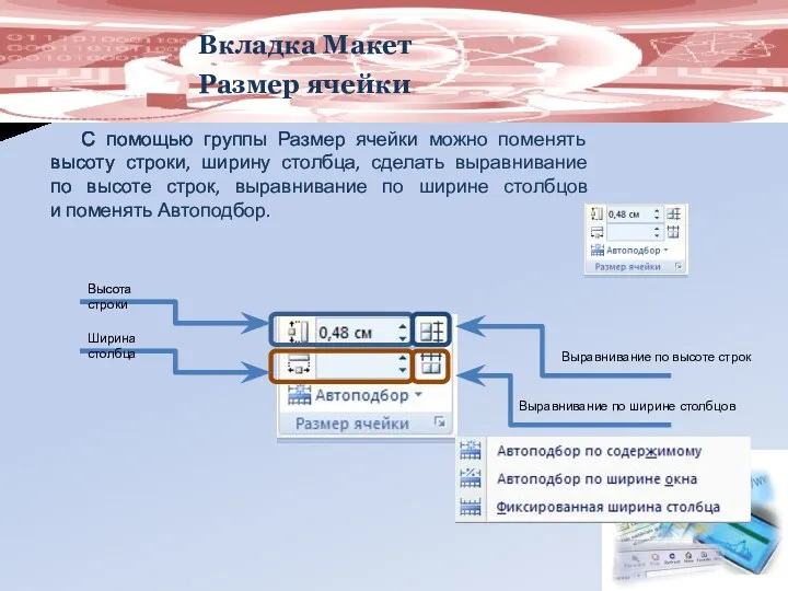 Вкладка Макет Размер ячейки С помощью группы Размер ячейки можно